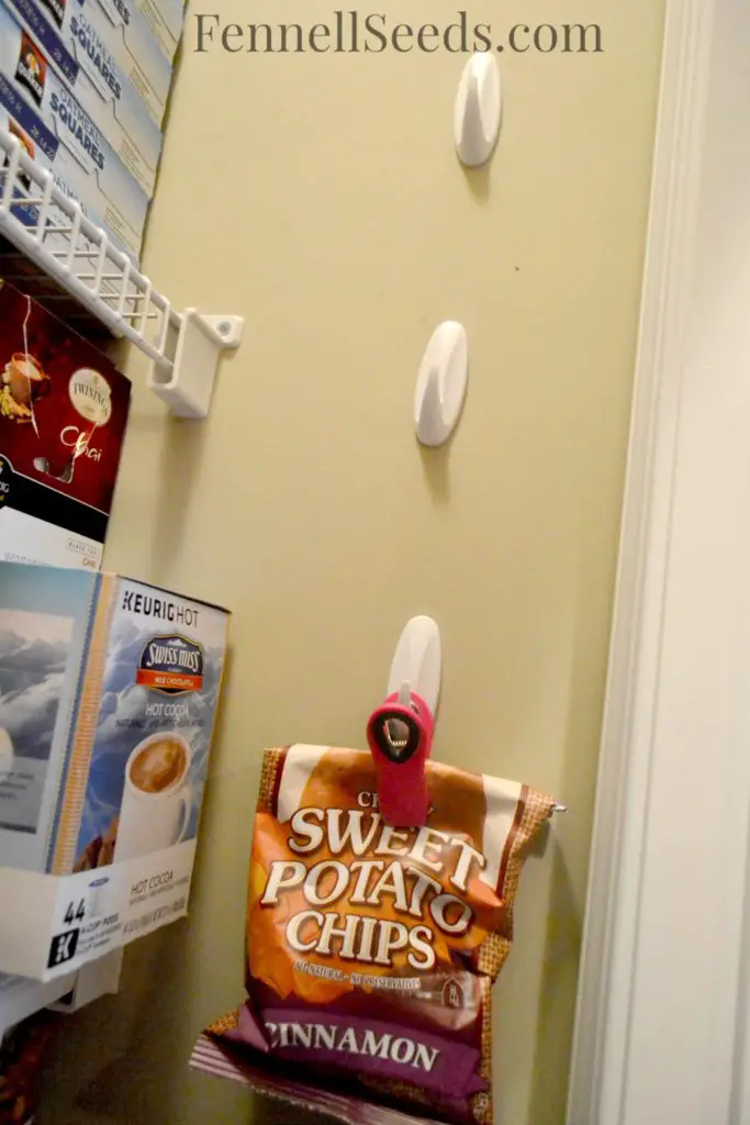 Here is how I hang my bags of chips in the pantry. I can easily see what I have and it frees up a lot of shelf space.