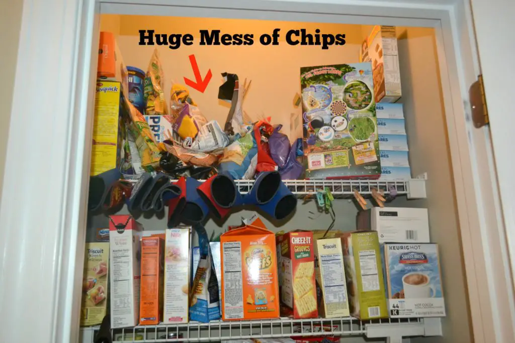 A new way to organize bags of chips in the pantry. Get them off the shelf with this easy way to store and get into the bags. You don't need to remove chips and put them in any fancy canisters. 
