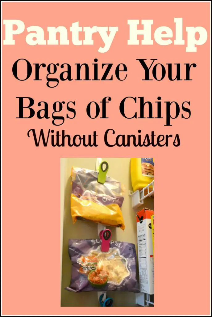 How to organize your bags of chips without using canisters. I had a mess of chips on my pantry shelf and with this quick change I can see everything I have and keep them stored off the shelf.