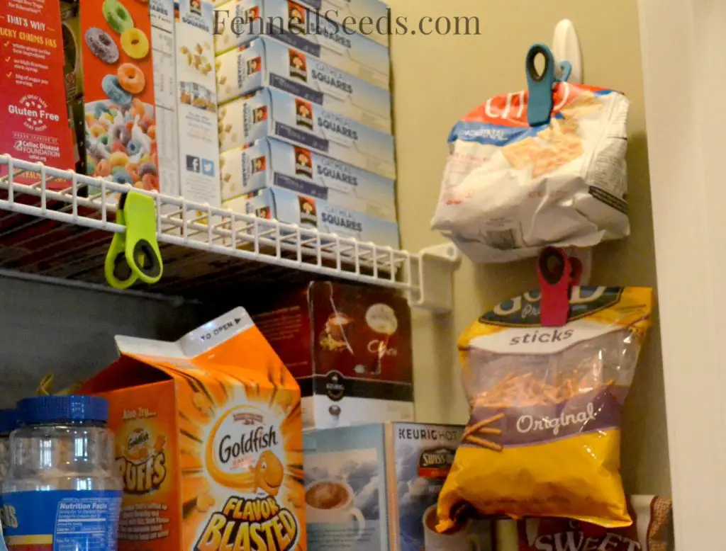 This is how I organize my pantry. See how I store my bags of chips so that they are easily accessible and off my pantry shelves. Love it!