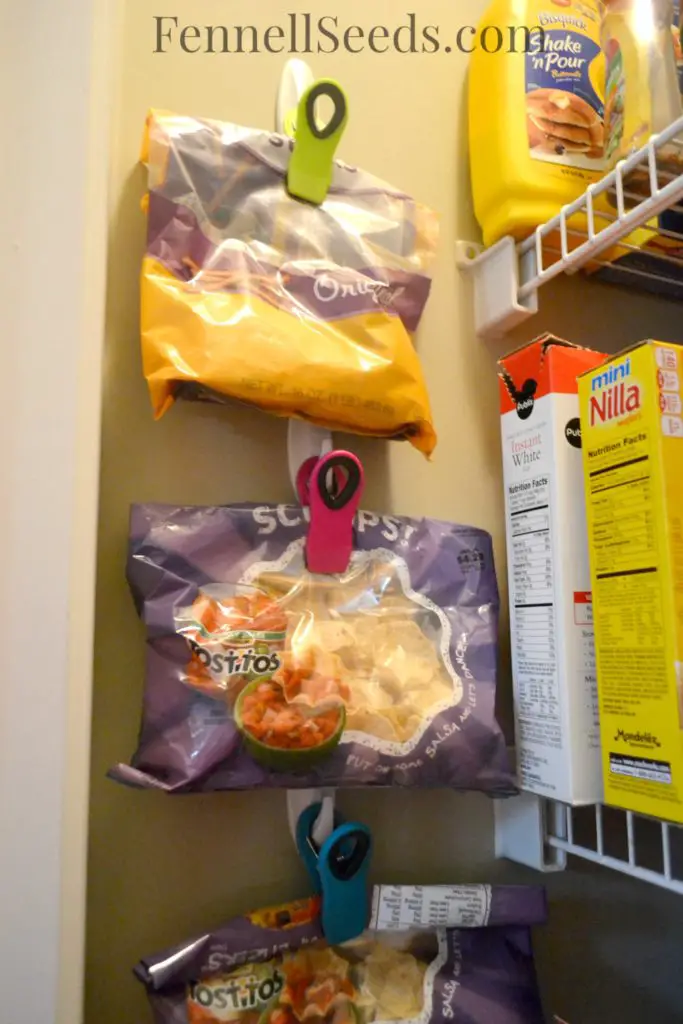 This is how I organize my pantry. See how I store my bags of chips so that they are easily accessible and off my pantry shelves. Love it!