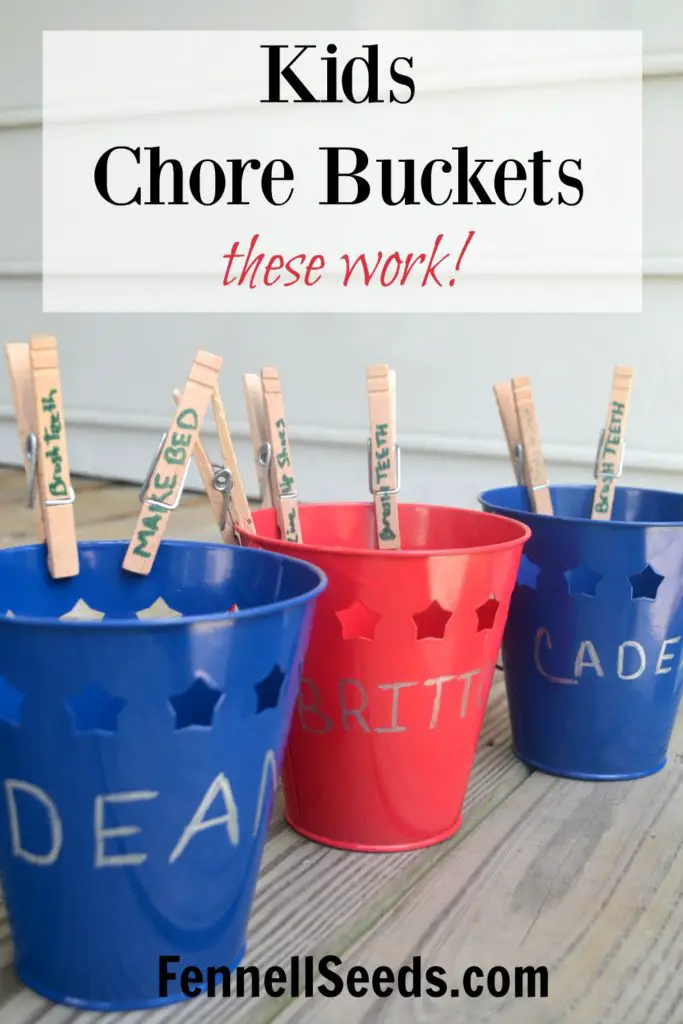 These are great for my kids to visually see what chores they need to complete for the day. They love to complete the chore and hear the satisfying plop when they drop the clothes pin into the bucket. These chore buckets have really worked in our house.