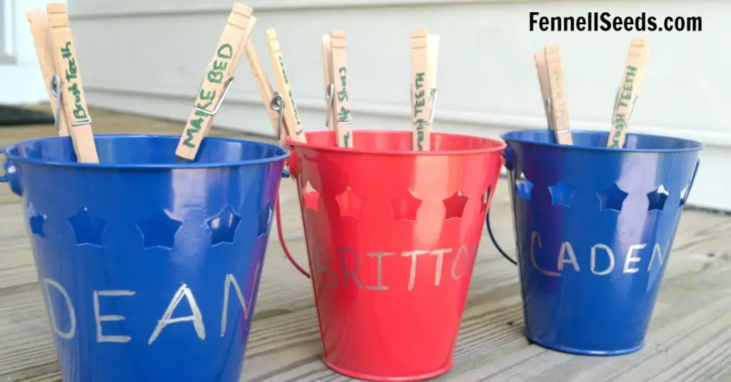 These are great for my kids to visually see what chores they need to complete for the day. They love to complete the chore and hear the satisfying plop when they drop the clothes pin into the bucket. These chore buckets have really worked in our house.