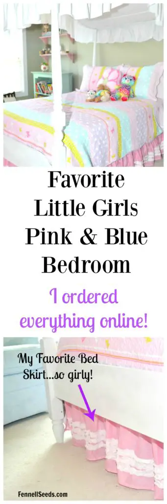 My favorite little girls pink and blue bedroom. This room incorporates a bunch of different colors. Also, everything even the comforter is ordered online. I really love the bedskirt too.