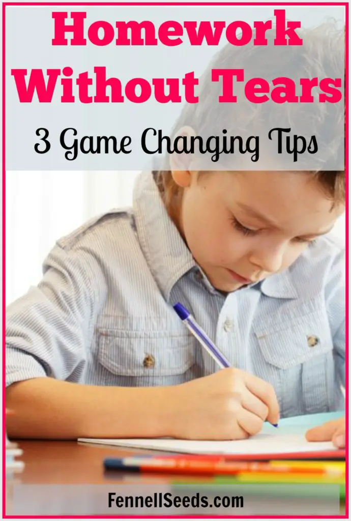 3 tips that helped us get through homework without tears. I especially liked the first tip that starts us off on the right foot and does a lot to help with homework and the tears that come with it.