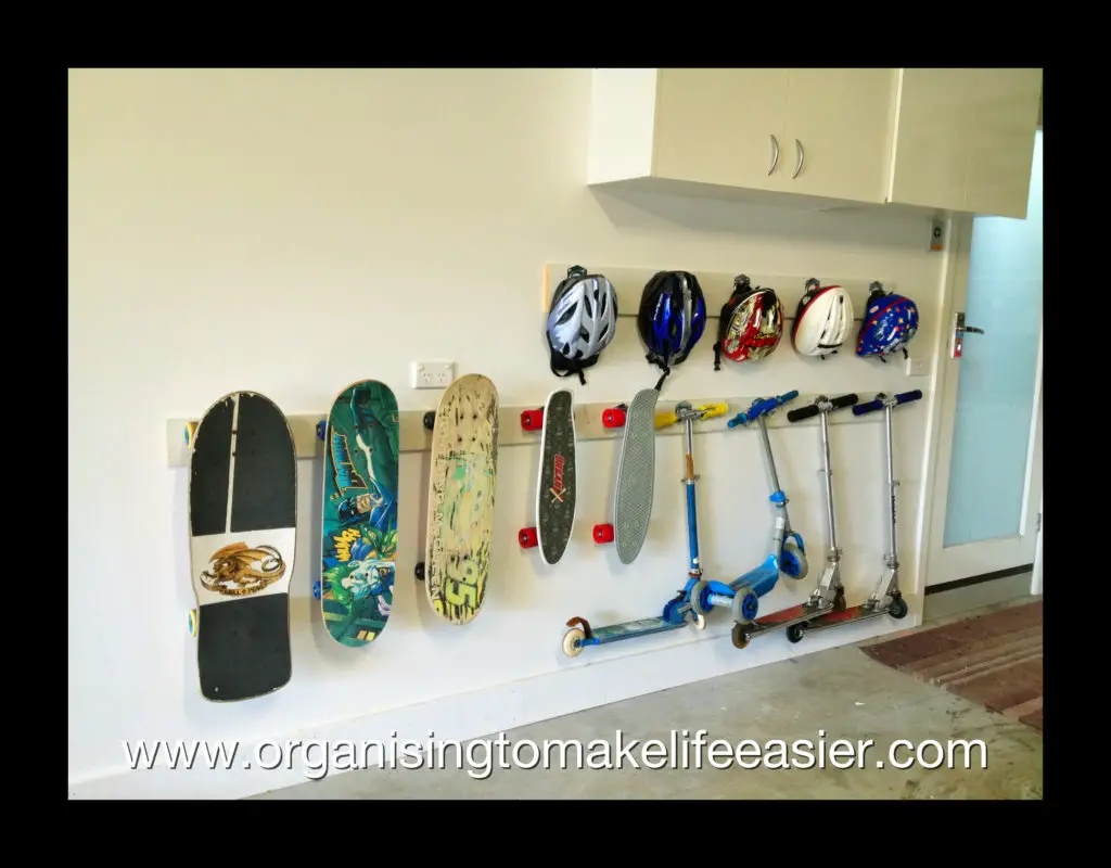 sports equipment storage | garage organization | how to store sports gear | store sports equipment | sports equipment organization | Scooter storage | ski equipment organization