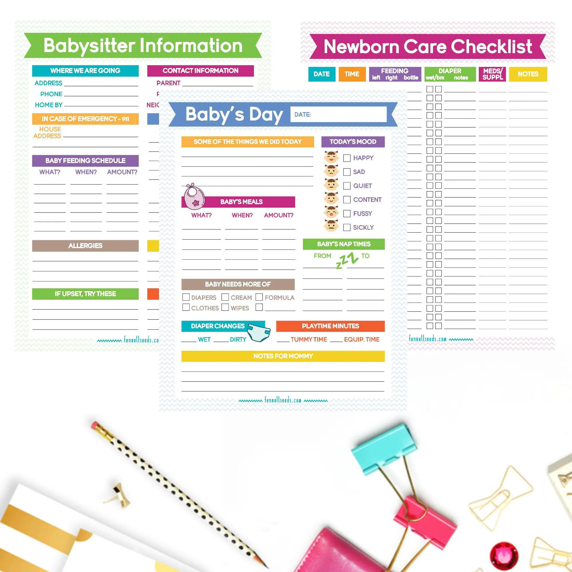 Newborn Printables | Organize your new baby's information with these 6 printables. Print as many as you would like. | Newborn Checklist | Babysitter Information | Baby's Day Information