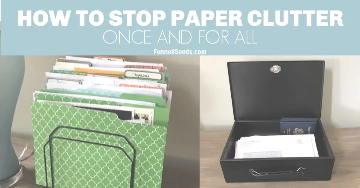 Great tips to organize paper clutter. Pretty file folders and a fire box help to keep the paper work organized.