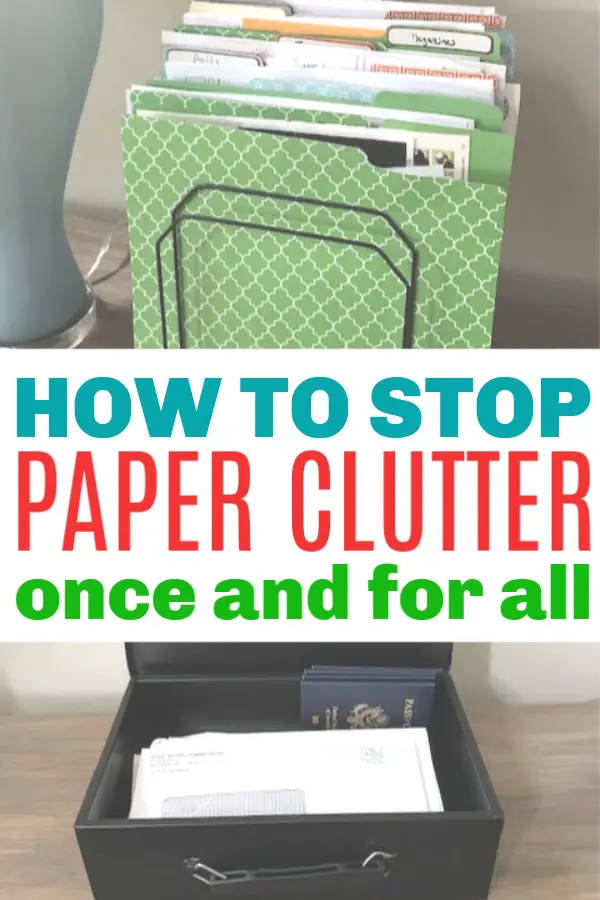 Great tips to organize paper clutter. Pretty file folders and a fire box help to keep the paper work organized. #declutter #getorganized #organizing #paperclutter