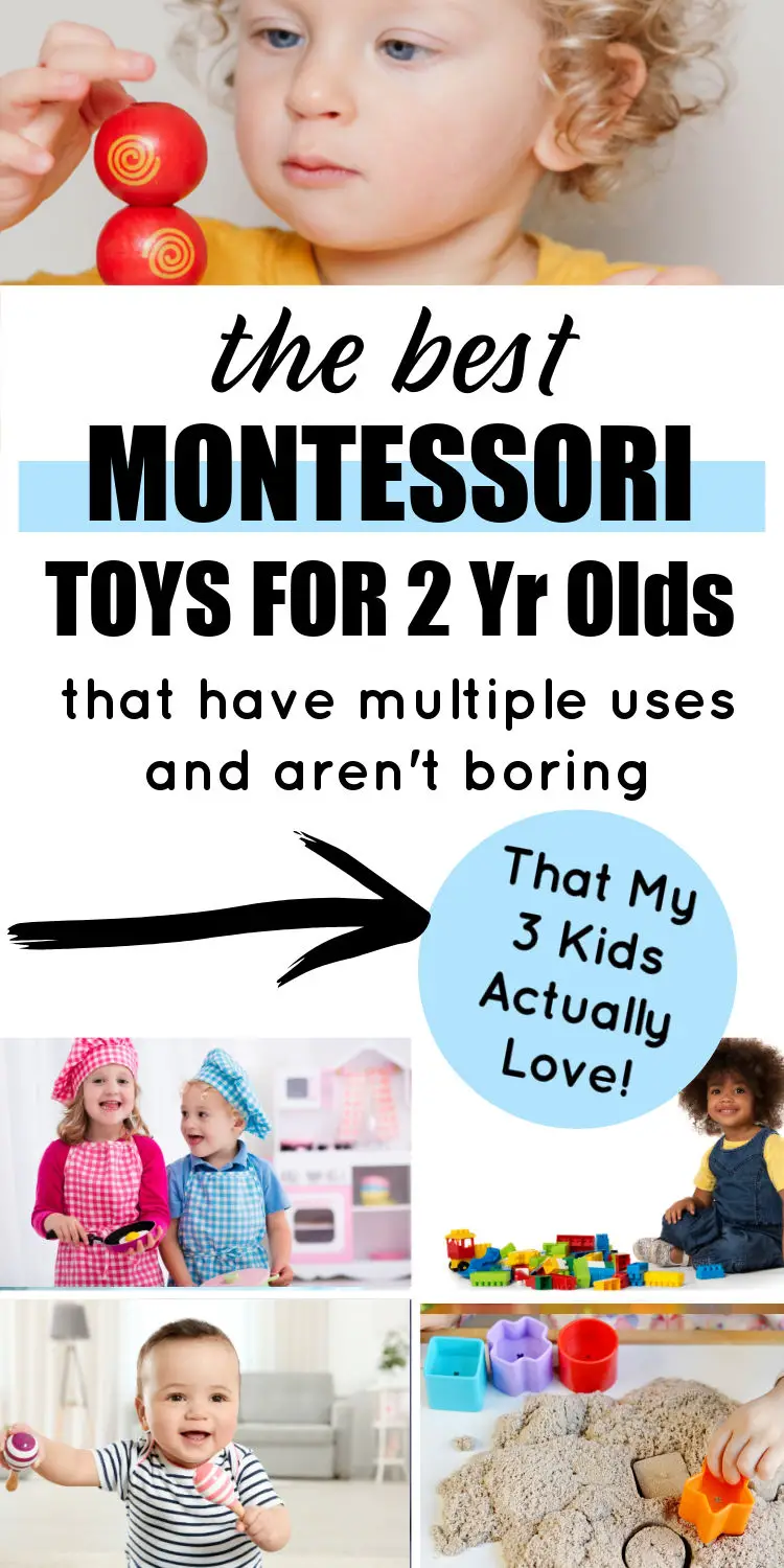 Photo collage of the best Montessori toys for 2 year olds kids playing with toys