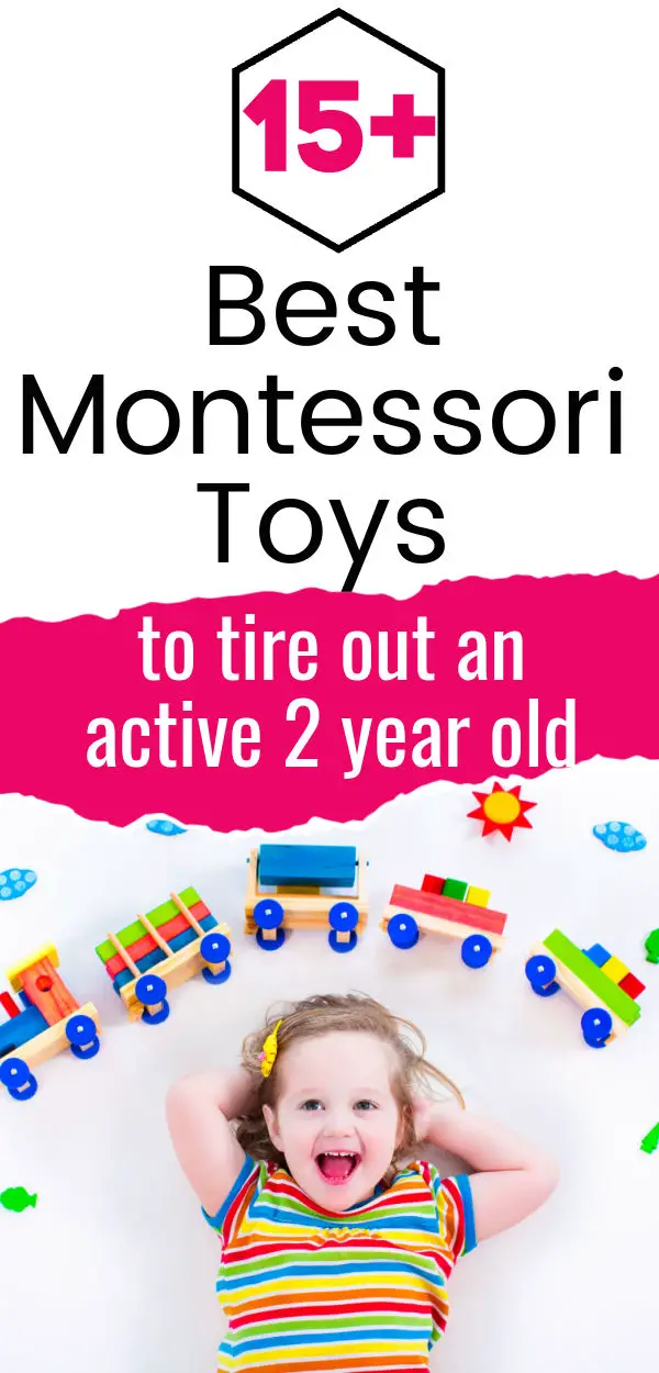 Girl in striped shirt laying on back with toy train above her head. The best Montessori toys for 2 year olds