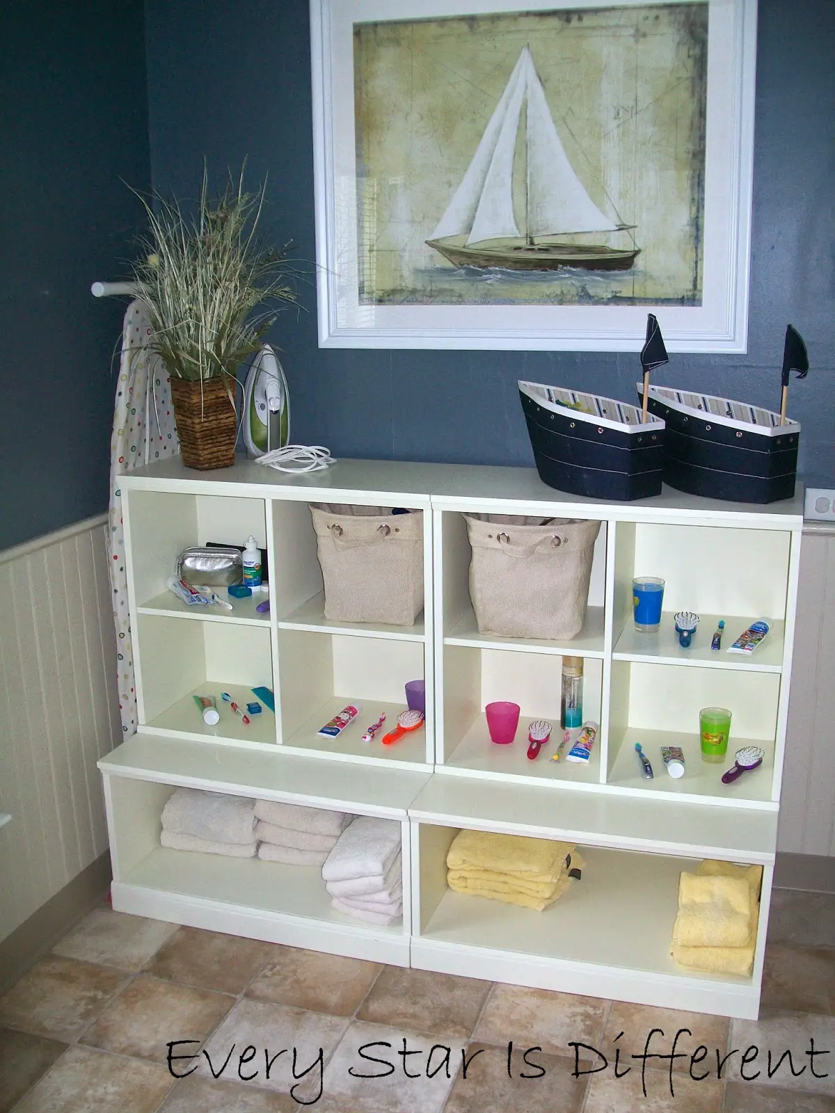 Bathroom organization ideas with cubbies in the bathroom to organize brushes, toothpaste and such