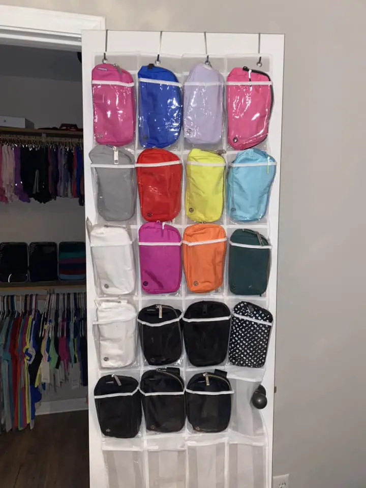Picture of how to organize belt bags in shoe bag over the closet door. Belt bag organization