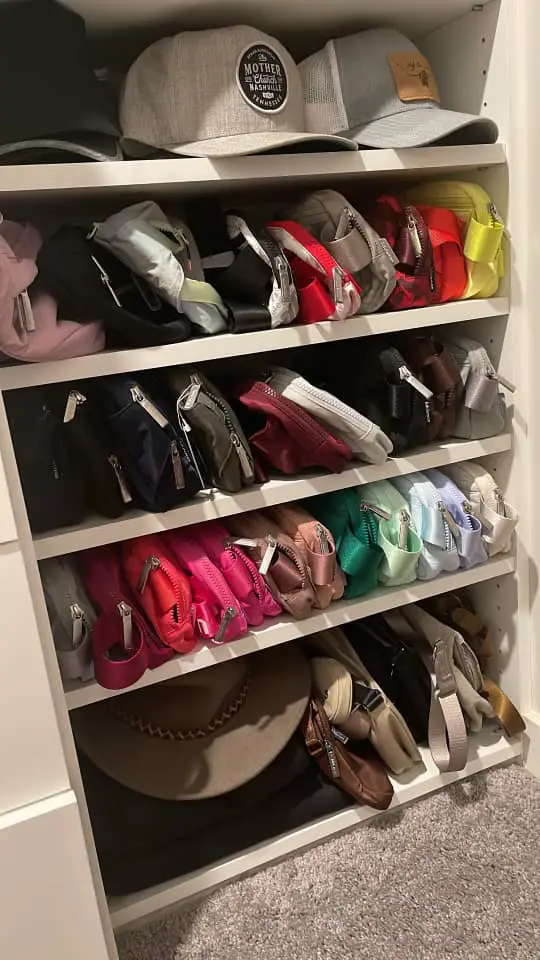 Picture of how to organize belt bags. on shoe shelves. Belt bag organization