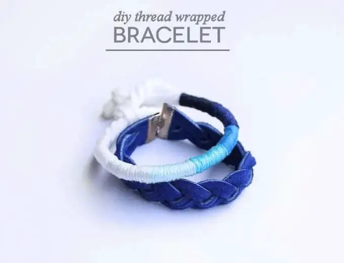 DIY thread wrapped blue and white bracelet