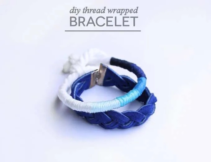 DIY thread wrapped blue and white bracelet